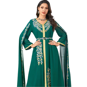 Elegant Evening <b>Dress</b> Ramadan <b>Eid</b> Party Cape Sleeve Embroidered Emerald Gold Trim Abaya - Product Image 1