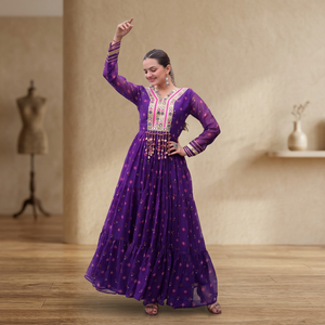 Nuevo Vestido de Fiesta TENNECY para Mujer, Largo hasta el Tobillo, en Faux Georgette, con Estampado Laheriya, Parches Kutchi, Sin Arrugas, de Secado Rápido - Product Image 1