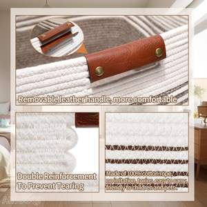 <span class=keywords><strong>Cord</strong></span>ão trançado Alto Cesta De Lavanderia Cesta De Roupas com Alça De Couro Sala De Estar Cobertor Cesta De Armazenamento Arroz Marrom e Branco - Product Image 5