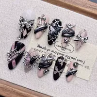 Faux ongles en acrylique faits à la main, forme amande, avec strass noirs, vente en gros
