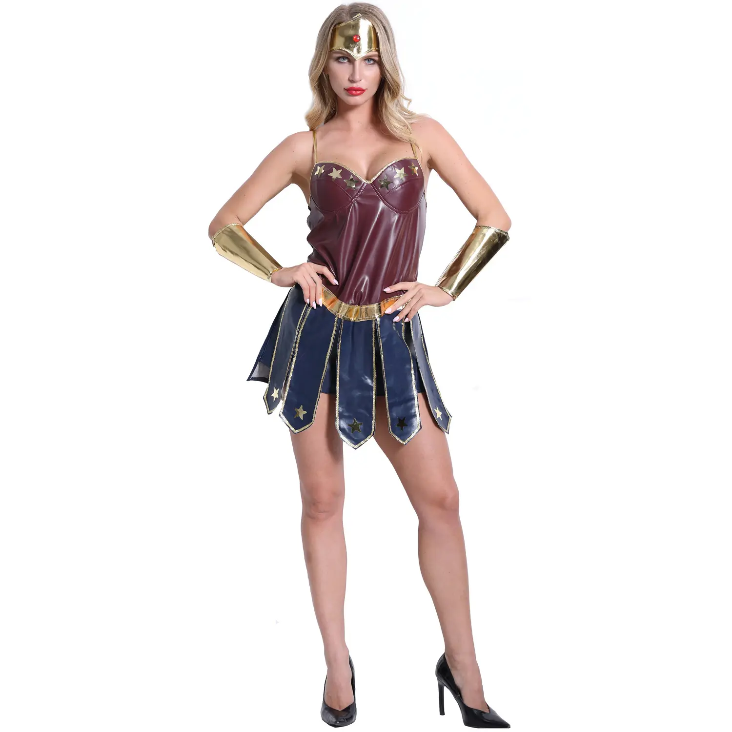 Bán Buôn Người Lớn Halloween Carnival Cosplay Dress Đồng Phục Trang Phục PU Leather Wonder Woman Diana Trang Phục Công Chúa