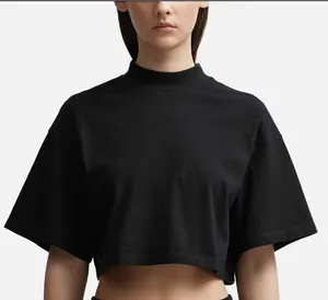 100% Cotton Tshirts Women Oversize Mock Neck Crop Top Tshirts Custom Logo Sexy Style Tee Vector Cropped T-shirt