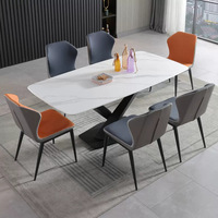 Table de salle à manger rectangulaire de luxe minimaliste en pierre frittée, plateau effet marbre ardoise avec base en acier carbone noir pour la maison