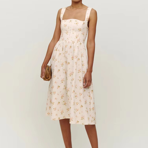 Robe d'été en lin à imprimé floral avec doublure en coton, col <span class=keywords><strong>carré</strong></span> et bretelles, robe <span class=keywords><strong>mi</strong></span>-longue pour femmes - Product Image 1