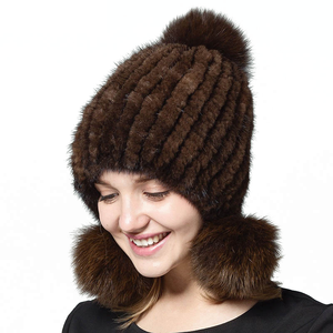 Mwfur thời trang ladys Bobble Beanies Fox lông quả bóng chồn lông mũ Phụ nữ mùa đông <span class=keywords><strong>hat</strong></span> với 3 quả bóng mũ lông - Product Image 1
