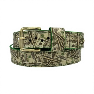 Casual <b>Money</b> Print Baseball <b>Belt</b> With Alloy Rectangular Pin Buckle Durable Heat Transfer Printed Design Green Edge Trim - Product Image 1