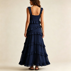 <span class=keywords><strong>Vestido</strong></span> Maxi <span class=keywords><strong>Azul</strong></span> <span class=keywords><strong>Marino</strong></span> con Volantes en Capas para Mujer, Cuello Cuadrado, Sin Mangas, Fluido, Elegante, Casual, de Verano - Product Image 4