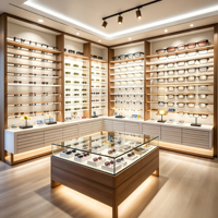 Étagère murale de luxe pour lunettes optiques avec éclairage LED, cadre en bois, dessus en verre, vitrine îlot, tiroir verrouillable