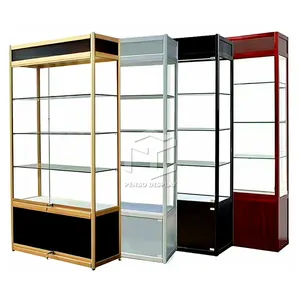 Großhandel glas schaufenster kleine-Angepasst tragbare und einfache goldene aluminium fünfeckigen ecke glas vitrine mit glas öffnung tür