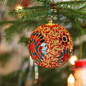 Tempat lilin hadiah ornamen kaca Natal, buatan tangan mosaik desain berwarna-warni dekorasi pohon 10cm dapat digunakan kembali