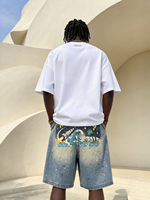 Shorts en jean taille mi-haute à jambe large, 100% coton, style Y2K vintage, colorés, avec patchs astronautes et broderies en cristal, personnalisables OEM, écologiques