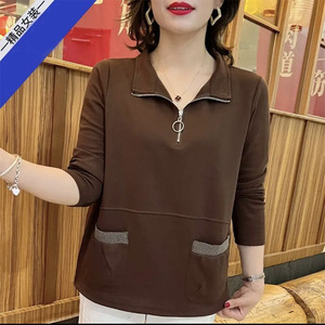 Women's Lapel Long Sleeve T-Shirt With Zipper Khaki Loose Fit Pocket Design Mom Size Spring Top - Product Image 2