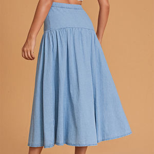 थोक कस्टम बटन फ्रंट फ़्लारेड डेनिम स्कर्ट लंबी जेलियन लड़कियों डेनिम स्कर्ट - Product Image 2