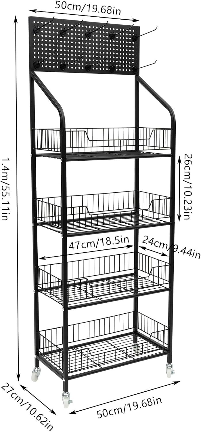 4-tier for Metal Wire Storage Shelf Display Rack with Wheels and Black Floor Stand for Home Room — view 3