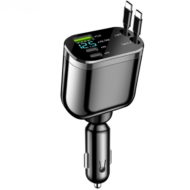 90W 4 in 1 Retractable Car Charger Electric USB 100W 12V 24V Aluminium Car Charger Type C Fast Charging Adapter Station