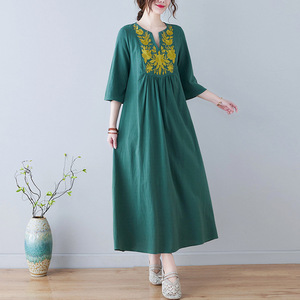<span class=keywords><strong>Robe</strong></span> mi-<span class=keywords><strong>longue</strong></span> pour femmes, style ethnique, broderie ample, col en V, manches 3/4, nouvelle collection été - Product Image 4