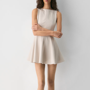 Robe courte personnalisée sans manches à col bateau pour femme, couleur unie, taille haute, jupe trapèze, élégante, pour le bureau ou les soirées - Product Image 1