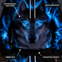 Ensemble sweat à capuche et jogging personnalisé en polyester épais 320 GSM avec imprimé loup flamme bleue pour tenue streetwear urbaine