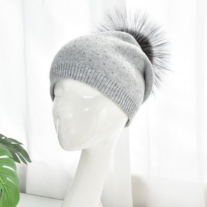 Bonnet d'hiver en <span class=keywords><strong>fourrure</strong></span> véritable avec pompon, mélange laine et cachemire, tricoté, chaud, personnalisable avec logo, pour l'extérieur - Product Image 1