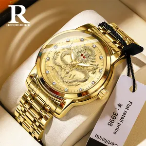 R ONTHEEDGE jam tangan Quartz pria, arloji Logo kustom berlapis emas tahan air bercahaya bisnis Stainless Steel untuk lelaki
