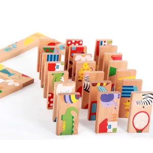 مجموعة رسوم كرتونية خشبية مطبوعة على شكل حيوانات ، 28 قطعة دومينو للأطفال ، ألعاب أطفال لتعليم الذكاء الدماغي