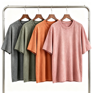 T-shirt Col Rond en Coton Pur Délavé à l'Acide Coupe Oversize Homme Étiquette Personnalisée Streetwear Premium Épaules Tombantes Décontracté - Product Image 1