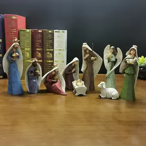 Holy Family-Juego de Natividad de vacaciones, artesanía religiosa de resina, 9 piezas
