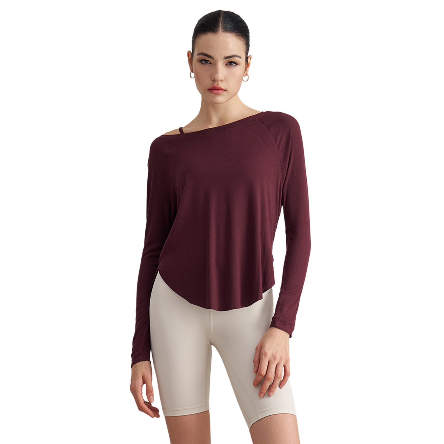 Wholesale Women's Modal off Shoulder Yoga Top Lightweight Breathable Loose Fit V-neck Workout Shirt Front Logo Sweat-Wicking