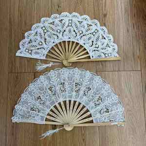 Elegant Lace Cotton Folding Hand Fan - Vintage Bamboo & Silk Tassels, Custom for Wedding, Party & Dance Gifts - Product Image 2