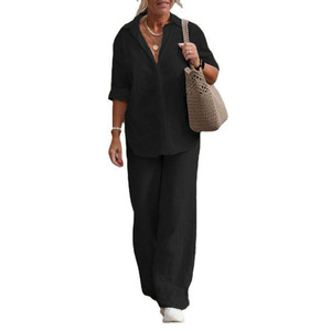Conjunto de duas peças feminino de manga comprida de duas peças blusa de perna larga calças terno - Product Image 6