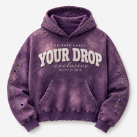 Sweat à capuche violet personnalisé 450 GSM, délavé à l'acide, avec strass, patch chenille vieilli et broderie appliquée, vente en gros d'usine