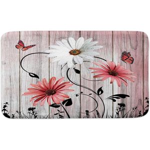 Rustique ferme Floral Chenille tapis de bain sarcelle marguerite papillon sur vieille planche tapis de bain ensemble pour salle de bain chambre cuisine - Product Image 2