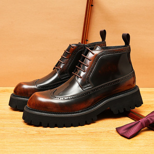 Genuine leather high-top men's business casual British engraved brogue boots, pointed <b>toe</b>, thick sole, shiny surface boots - Product Image 3