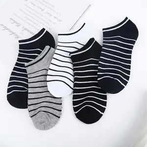 Black White Striped Summer No Show Socks Sweat-Absorbent Cotton Socks Low Cut Ankle Socks For Men