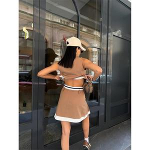 Beige Striped Vest and Tennis Skirt Set Casual Daily Cardigan and Top Long Solid <b>Print</b> Fabric Viscose <b>Material</b> - Product Image 4