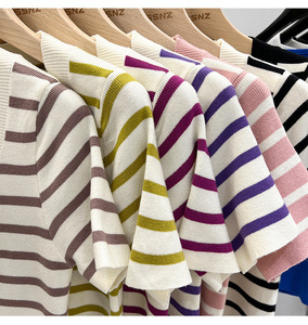 Ropa de punto para mujer, Camiseta de calidad Premium, Tops de moda, Camiseta de punto para mujer, Top corto de rayas informales de seda de secado rápido - Product Image 2