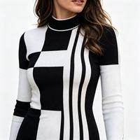 Robe moulante mi-longue à col montant et manches longues, en tricot côtelé rayé color block, élégante pour femme, automne, bureau, OEM ODM