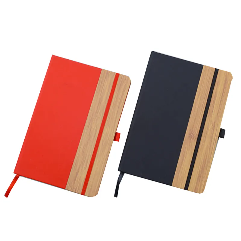 Promosi grosir A5 ukuran buku catatan bungkus PU gabungan bambu buku catatan sampul keras perencana kustom cocok dengan pembatas buku pita