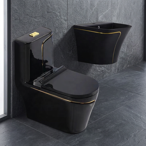 Ensemble WC monobloc et lavabo mural gris de luxe avec ligne dorée pour hôtels étoilés - Product Image 5