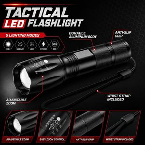 Portable T6 XML 3W <b>LED</b> Zoom Aluminum Tactical Flashlight 250 Lumens Waterproof Camping 100m Beam 18hr Runtime Multi-Mode CRI 85 - Product Image 4
