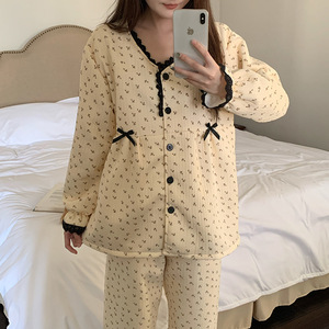 Conjunto de Pijama de Invierno 2026 para Mujer, Camisón Largo Doble con Encaje, Cuello en V, Capa de Algodón Aireado, Cálido y Cómodo, 250g - Product Image 4