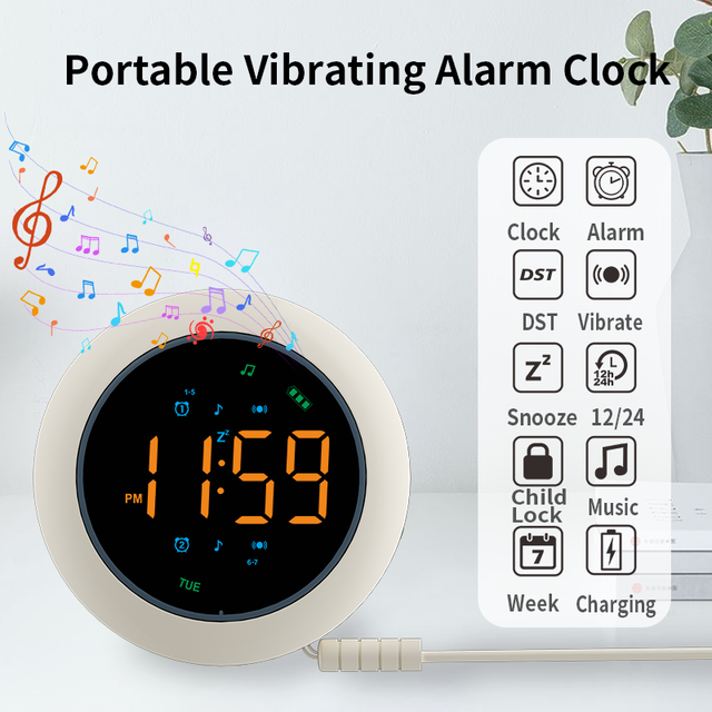 Powerful Loud Alarm Clock with Vibrating Digital Display Rechargeable Battery & White Noise for Heavy Sleepers Deaf/Hard Hearing