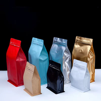 Sac d'emballage de sachets de grains de café à fond plat avec huit joints latéraux en papier d'aluminium compostable imprimé personnalisé avec valve et fermeture éclair
