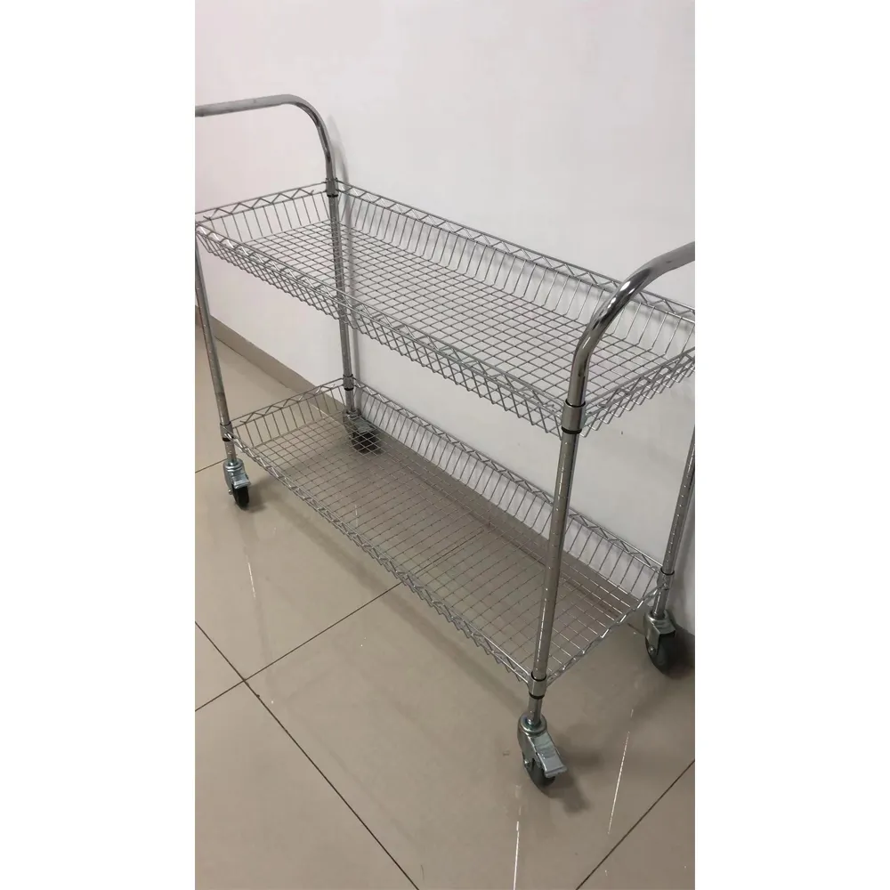2-Tier Commercial Grade Stainless Steel Wire Basket Utility Cart with Chrome Handle Bar Kitchen Restaurant Serving Trolley