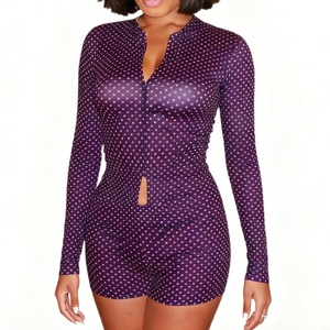 New Women's Polka Dot Print Long-Sleeve Zipper Slim-Fit Cardigan & Shorts 2-Piece <b>Set</b> Fashion - Product Image 1