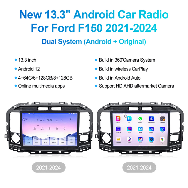 NaviHua 13.3'' Android Car Screen Head Unit for Ford F150 2021-2024 CarPlay GPS Navigation Multimedia Touch Display Upgrade