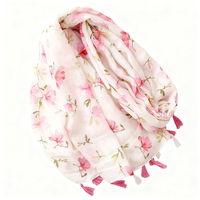 Écharpe longue pour femme, motif floral rose frais, à pompons, pour le printemps et l'été, en coton à pois, séchage rapide, protection solaire, idéale pour les voyages et les vacances