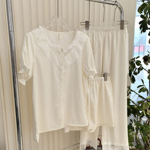 Pyjamas ensemble femmes été 2025 nouveau doux et beau vent <span class=keywords><strong>short</strong></span> à manches courtes trois ensembles de vêtements de maison - Product Image 1