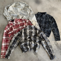 Camiseta de algodón vintage de alta calidad con gráficos personalizados, estilo boxy, a cuadros, de manga larga, oversize, con pedrería, de franela y a cuadros.