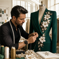 Trajes de Negocios para Mujer 2026, Elegantes, Verde Esmeralda, Apliques Florales 3D, Blazer Bordado, Conjuntos de Pantalón, Pierna Ancha, Lujosos, Personalizados OEM/ODM